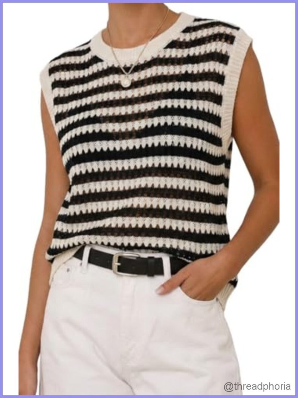 Sleeveless Knit Sweater Vest Striped Open Crochet Top